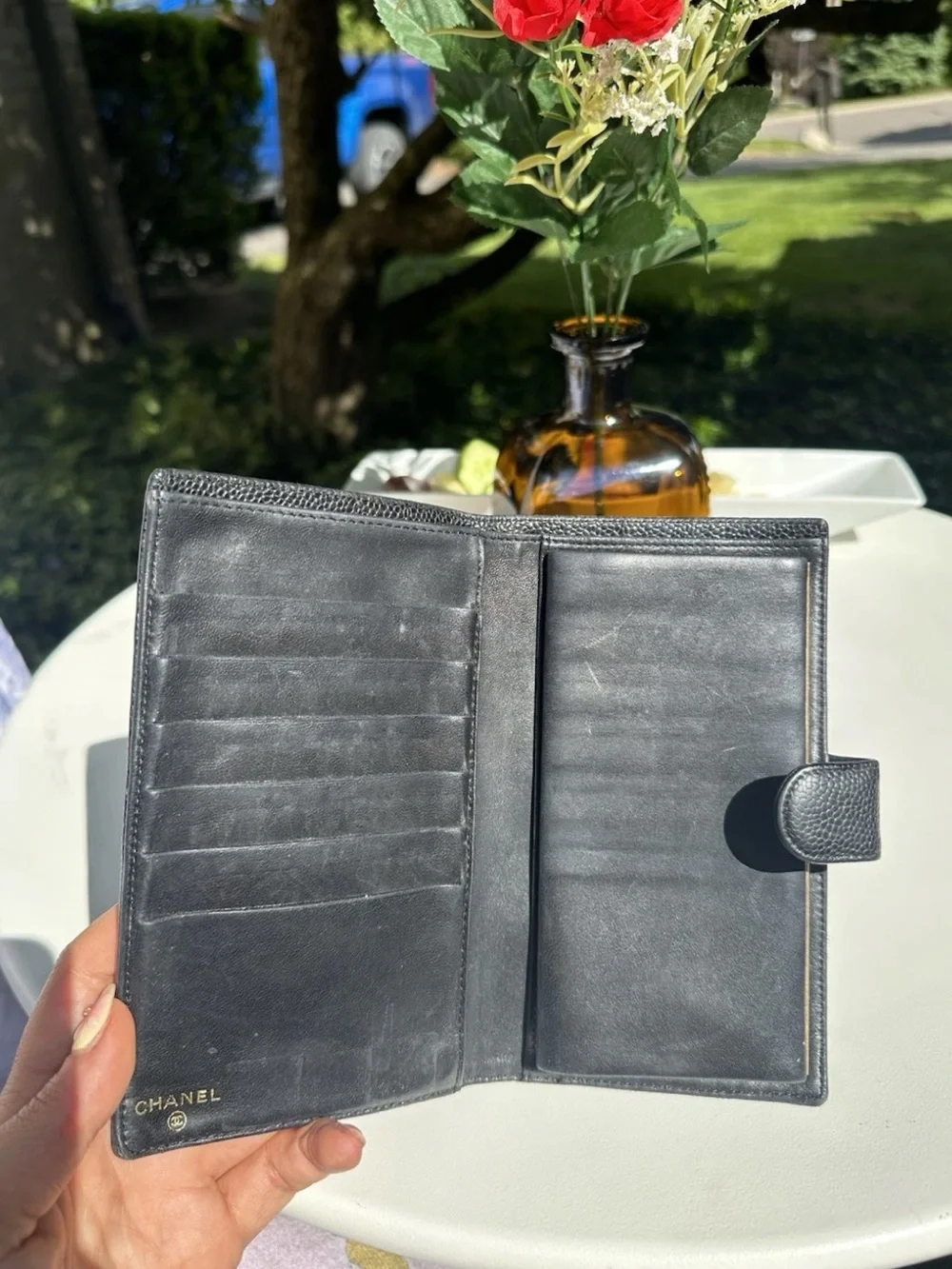 CHANEL Black Caviar Leather Phone Wallet Case with CC Logo Tri Fold Vintage